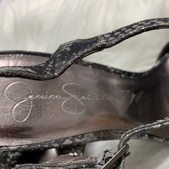 Jessica Simpson Casa Pumps Dark Pewter Stamped Metallic Snake Bow Platform Heels - Picture 4 of 14